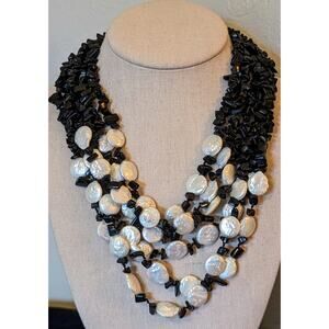Six Strand White Coin Pearl Black Onyx Chip Sterling Slide In Clasp Necklace